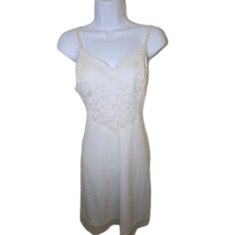 Vtg 1960s Vanity Fair Tricot Nylon Lace Bodice White Slip Dress LARGE‎ Size 38 - Picture 3 of 9